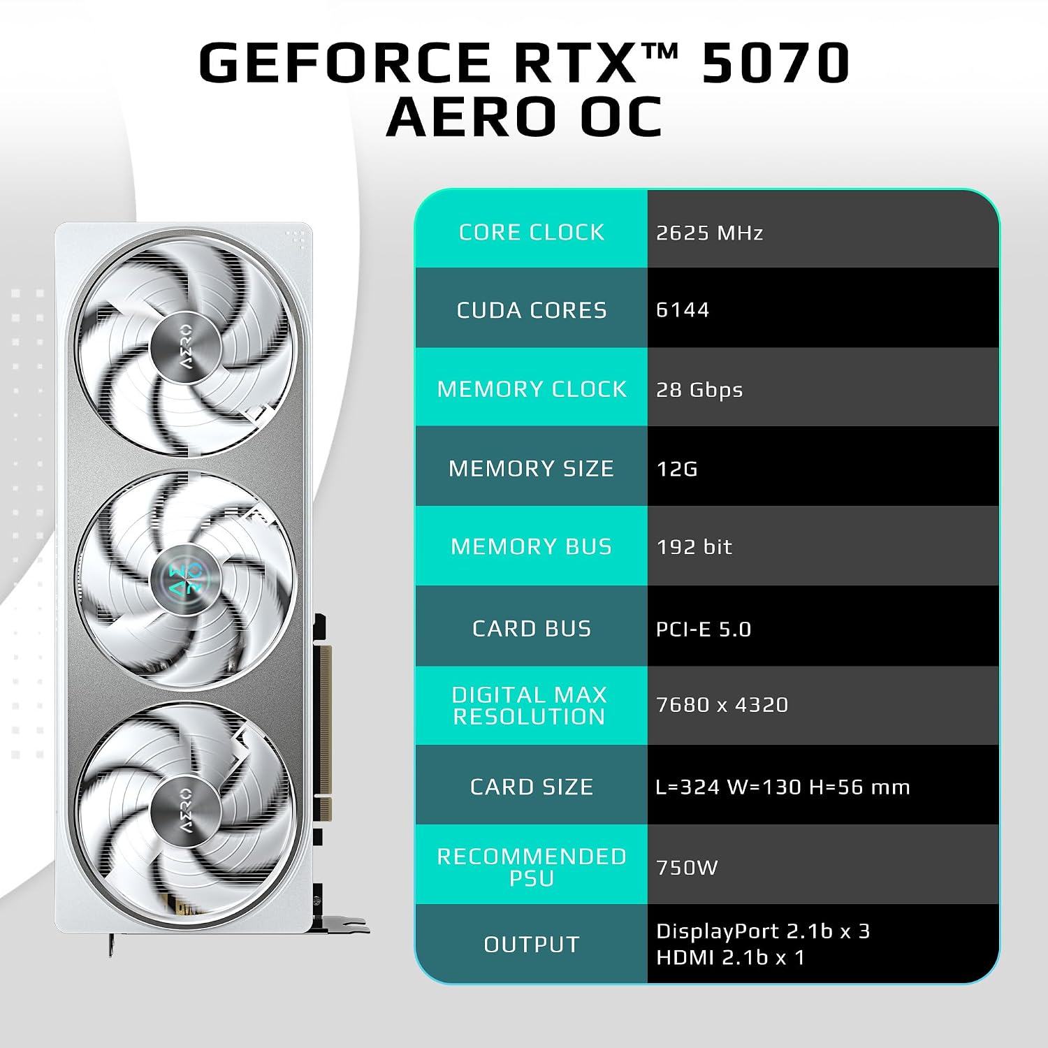 GIGABYTE GeForce RTX 5070 AERO OC 12G Graphics Card, 12GB 192-bit GDDR7, PCIe 5.0, WINDFORCE Cooling System, GV-N5070AERO OC-12GD Video Card