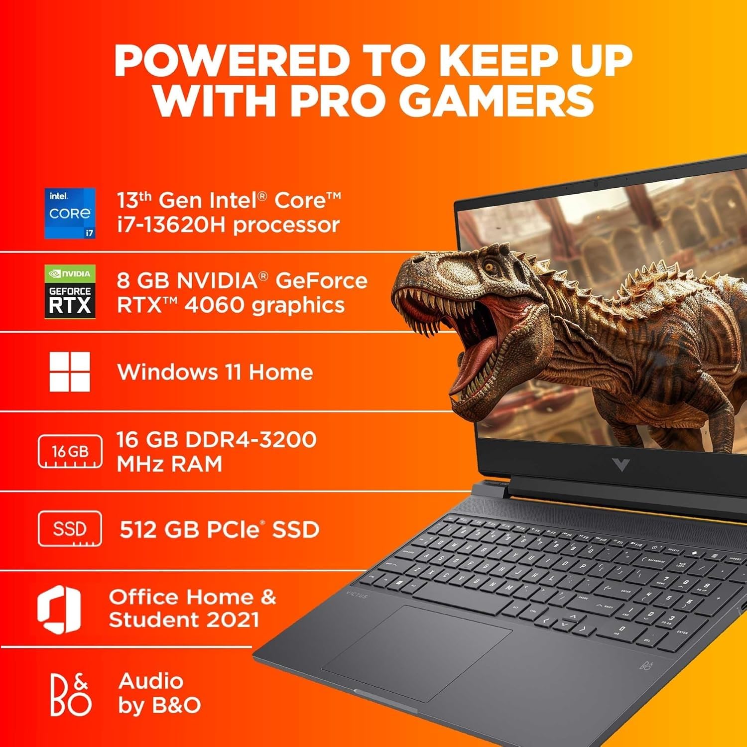 HP Victus Gaming, 13th Gen Intel Core i7-13620H, 16GB DDR4 Ram, 512GB SSD, 8GB NVIDIA RTX 4060, 15.6-inch(39.6cm), 144Hz, IPS, Backlit KB, Audio by B&O, (Win 11, Office 21, Silver, 2.29kg) fa1276TX