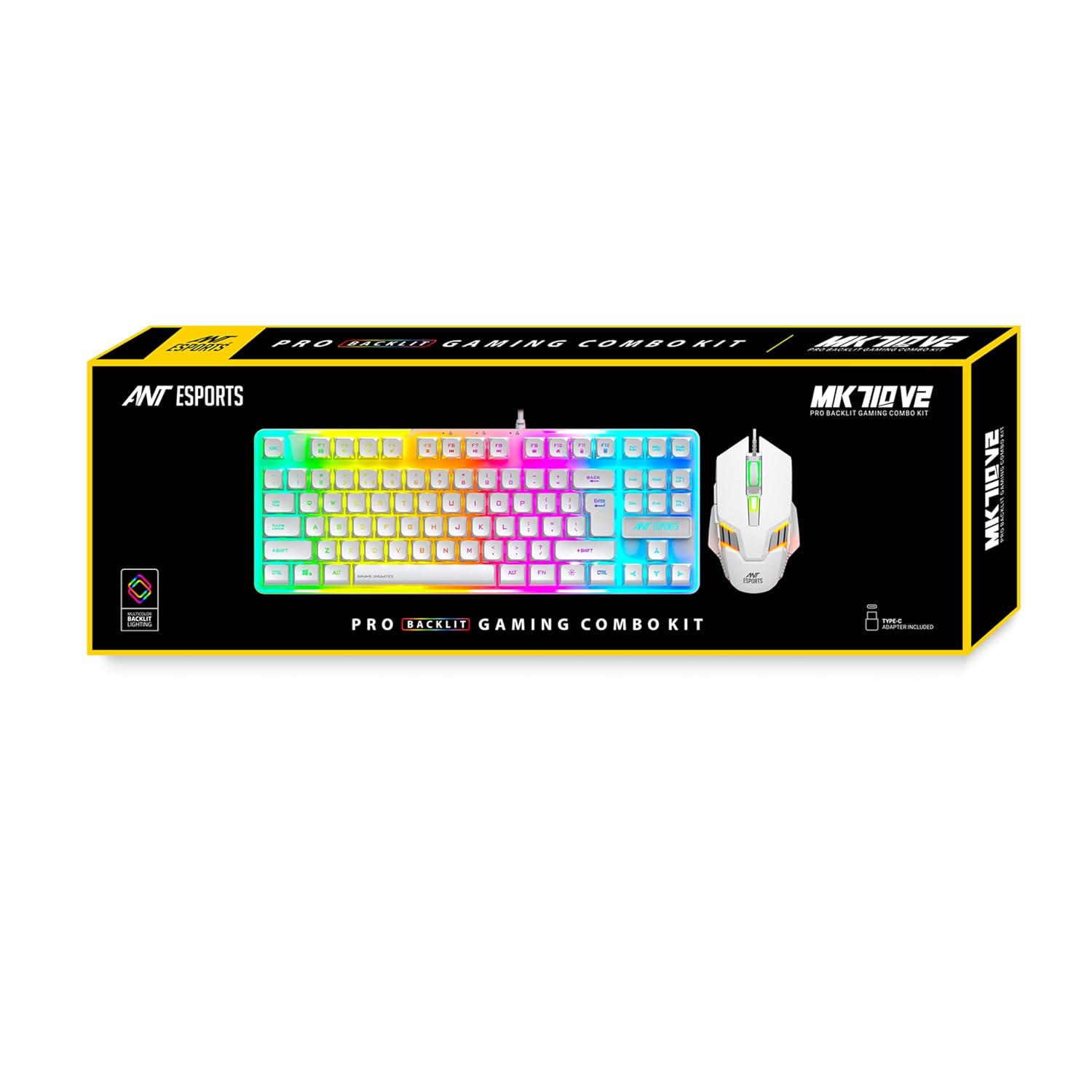 Ant Esports MK710 V2 Membrane TKL Wired Gaming Keyboard Mouse Combo 87 UV Coated Mechanical feel Keys Cool RGB Backlight Keyboard,1200-3600 DPI Aero-Jet RGB Gaming Mouse with Type C Adapter_ Mercury