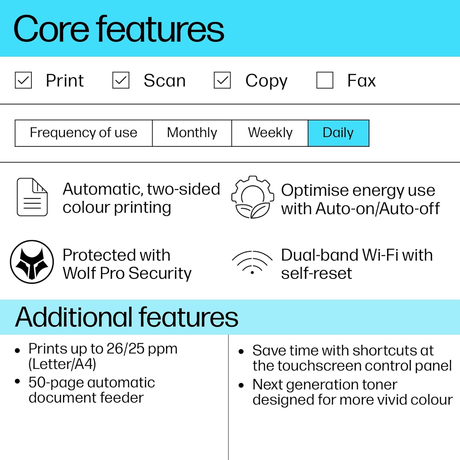 HP Color LaserJet Pro MFP 3303sdw - Print, Copy, Scan; Wireless, Two-sided printing, 250-sheet input tray; Print speed up to 25 ppm (black) and 25 ppm (color) - Blue [499M6A]