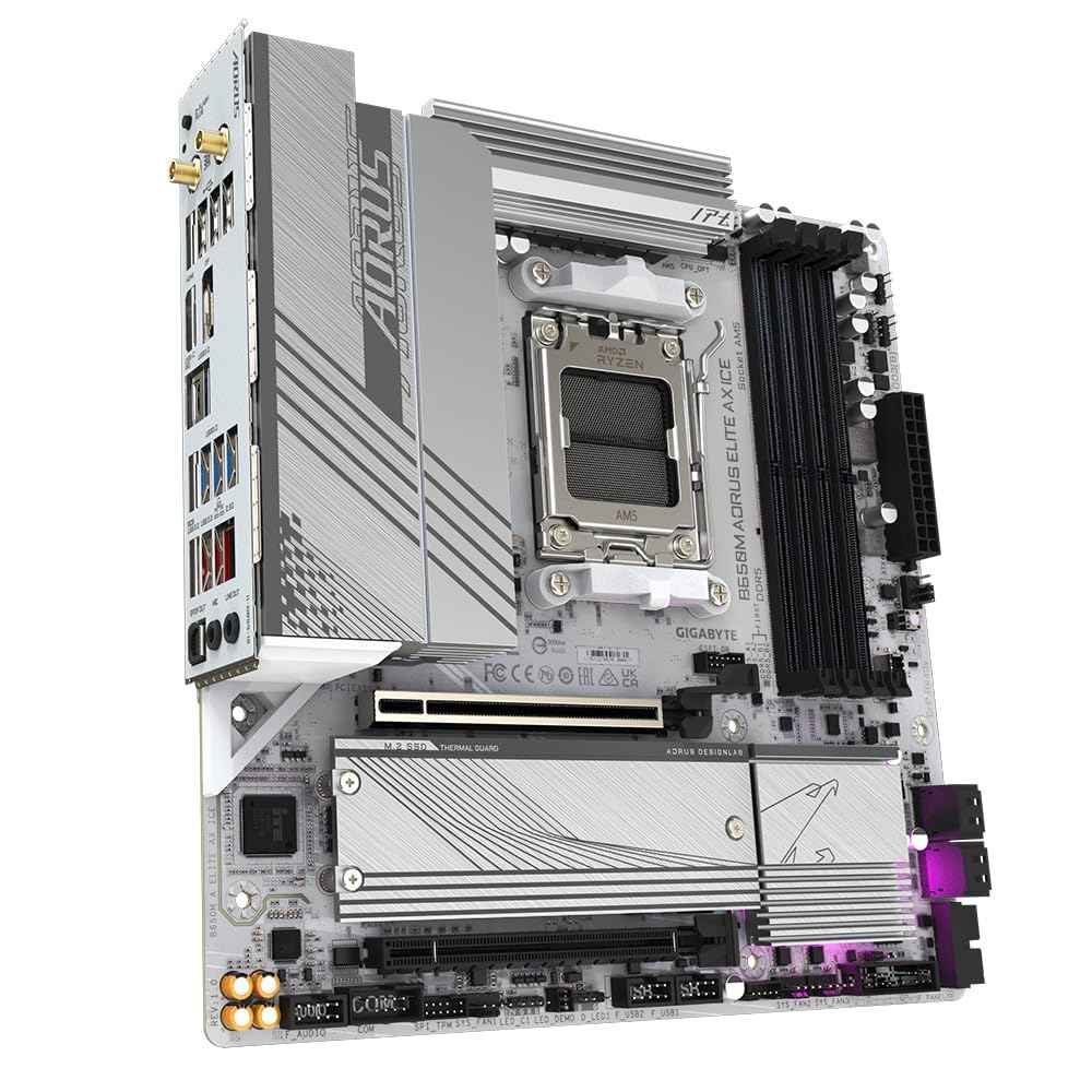 GIGABYTE B650M Aorus Elite AX ICE Micro-ATX Motherboard – AM5 Socket, Ryzen 7000/8000/9000 Support, DDR5, PCIe 5.0 M.2, Wi-Fi 6E, 2.5GbE LAN, USB-C, Smart Fan 6, Q-Flash Plus