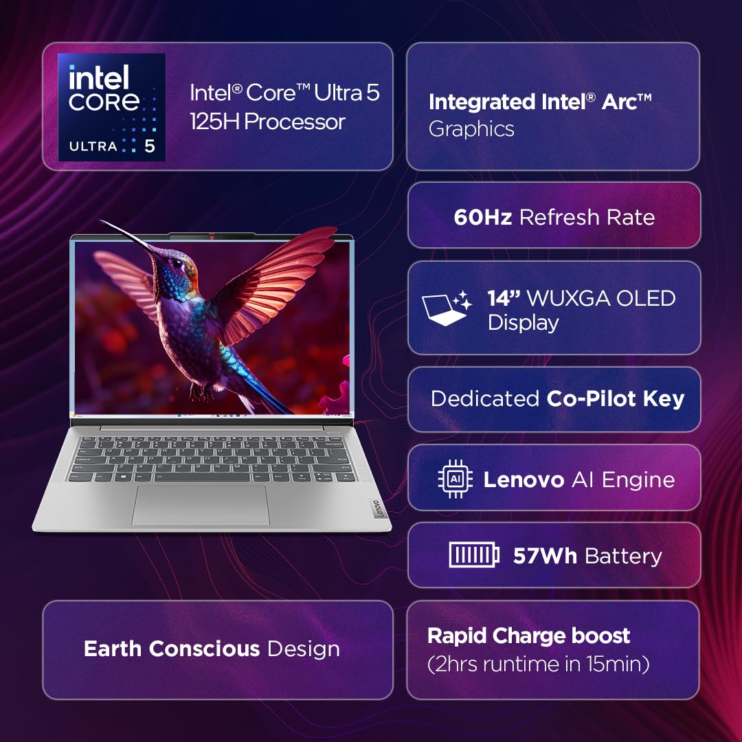 Lenovo IdeaPad Slim 5 Intel Core Ultra 5 125H Built-in AI 14" (35.5cm) WUXGA-OLED 400Nits Thin & Light Laptop (16GB/1TB SSD/Win 11/Office 21/FHD+IR Camera/Alexa/1Yr ADP Free/Grey/1.4Kg), 83DA003GIN