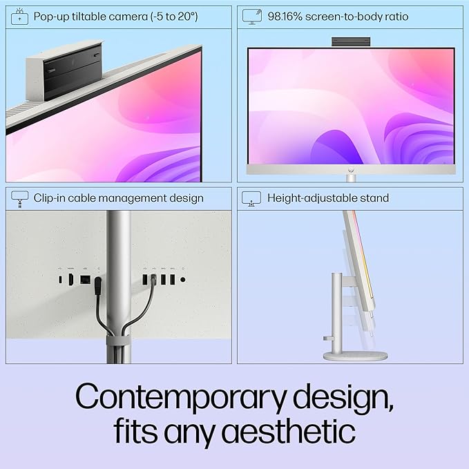 HP All-in-One 27, Intel Core Ultra 7 155U, 27inch (68.6 cm), FHD,IPS,Three-Sided Micro-Edge, Anti-Glare,300 nits,16 GB DDR5,1TB SSD,Windows 11,MSO21,Shell White,6.72kg,27-cr1007in - Zapnet.in