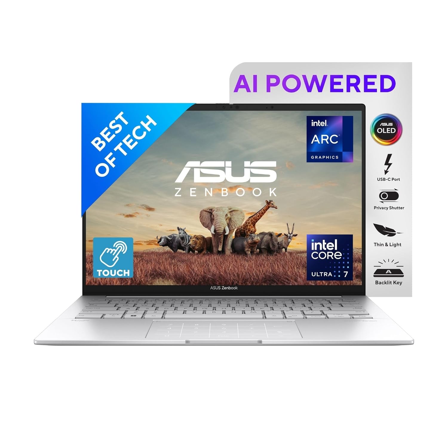 ASUS Zenbook 14, Intel Core Ultra 7, 16GB RAM, 1TB SSD, 3K OLED 16:10 120Hz, 14", Windows 11, Office 2021, Foggy Silver, 1.28KG, UX3405MA-PZ751WS, Backlit, Touchscreen, 75WHr AI Powered Laptop