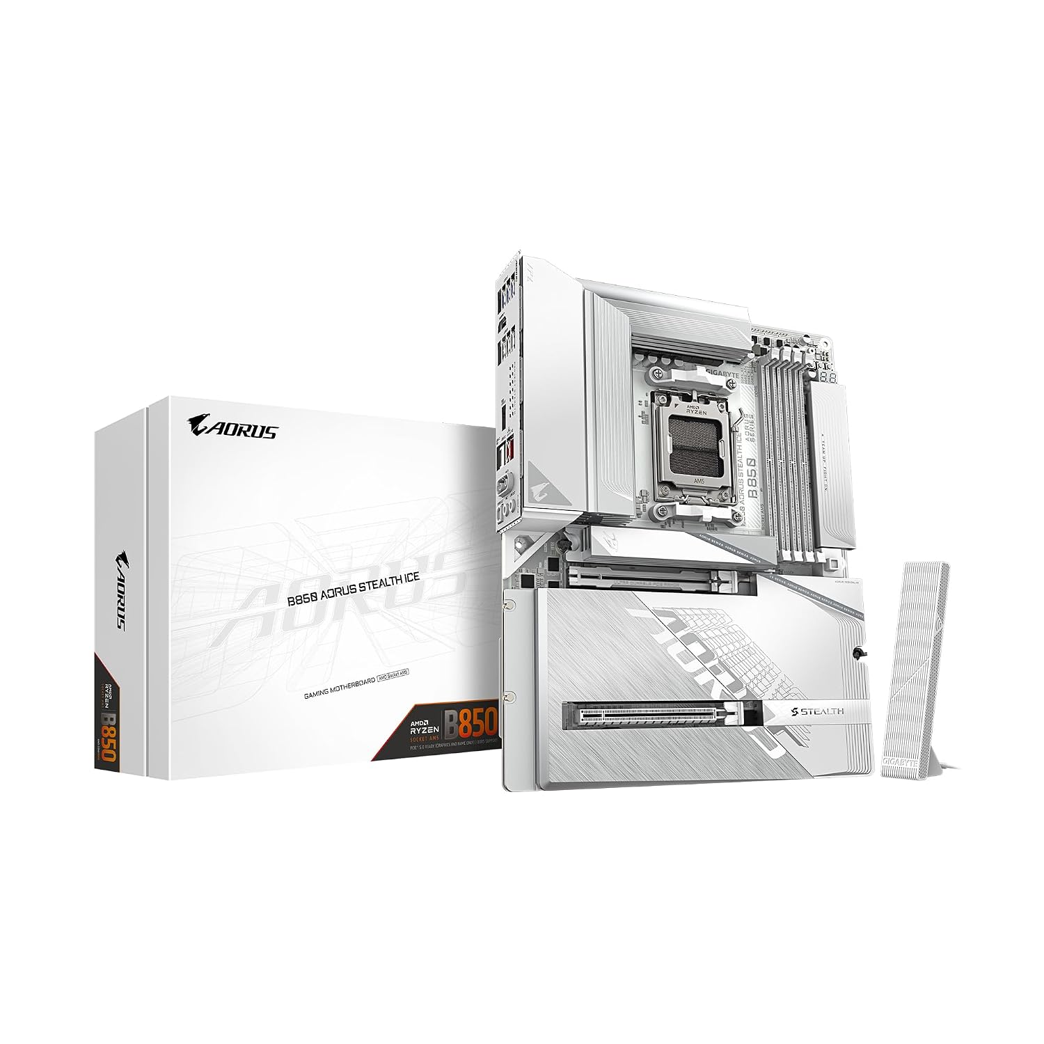 GIGABYTE B850 AORUS Stealth ICE AMD AM5 Motherboard, ATX, DDR5, 4X M.2, PCIe 5.0, USB-C, WIFI7, 5GbE LAN, EZ-Latch,