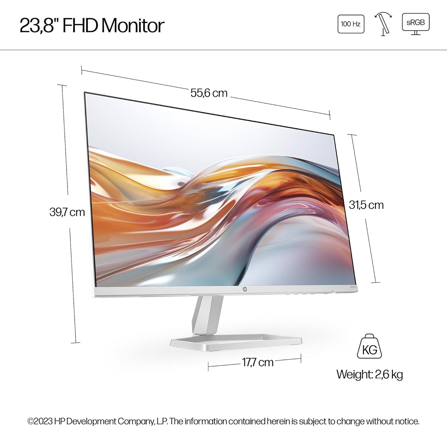 HP Series 5 23.8 inch FHD Monitor - 524sw, 23.8inch(60.5cm),FHD(1920 x 1080),3-Sided Micro-Edge Bezel, Thin & Light, 300 nits,100 hz, Eye Ease,2.5kg