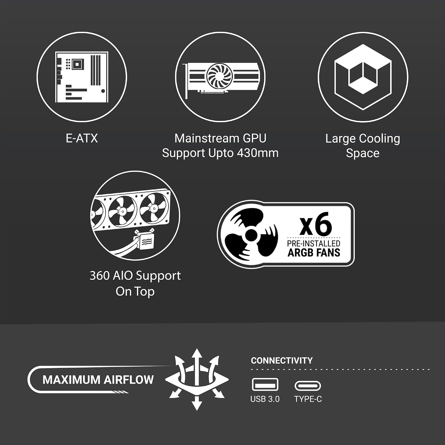Ant Esports Crystal X6 Lite Mid-Tower Computer Case/Gaming Cabinet - Black | Support E-ATX, ATX, Micro-ATX, Mini-ITX | Pre-Installed 6 ARGB Fans
