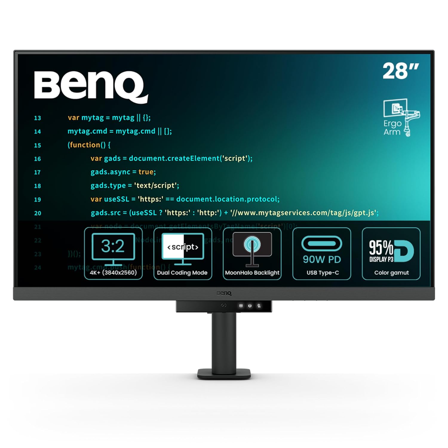 BenQ RD280UA 28.2” 4K+ 3840x2560 3:2 Special Ratio Programming Monitor with Ergo-Arm & Backlight| 90W USB Type-C| Advanced Coding Modes| Fine-Coated Panel| Night Hours Protection