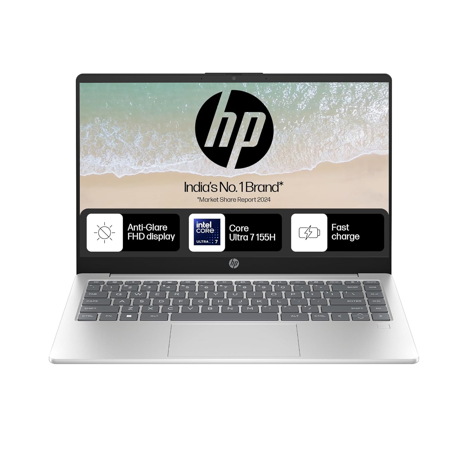 HP 14 AI Laptop, Intel Core Ultra 7 155H, 12 Tops, 16GB DDR5, 512GB SSD (Win11, Office21, Silver, 1.4 kg) Anti-Glare FHD, 14-inch (35.6 cm) Intel Arc Graphics, FHD Camera w/Shutter, Backlit, gr1023TU