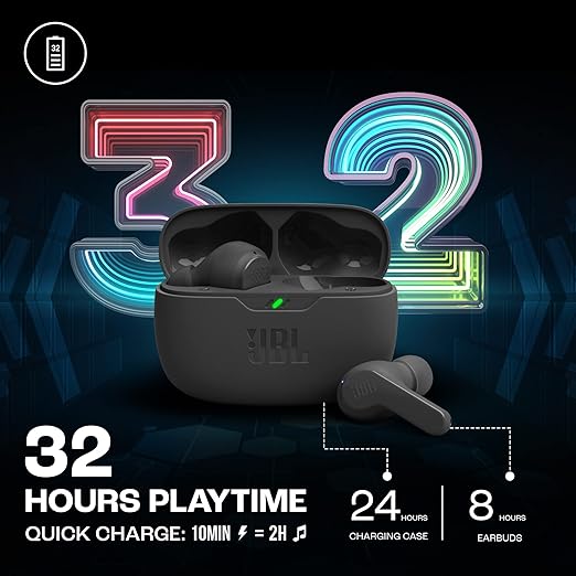 JBL Wave Beam in-Ear Wireless Earbuds (TWS) with Mic,App for Customized Extra Bass Eq,32 Hours Battery&Quick Charge,Ip54 Water&Dust Resistance,Ambient Aware&Talk-Thru,Google Fastpair (Black) - Zapnet.in