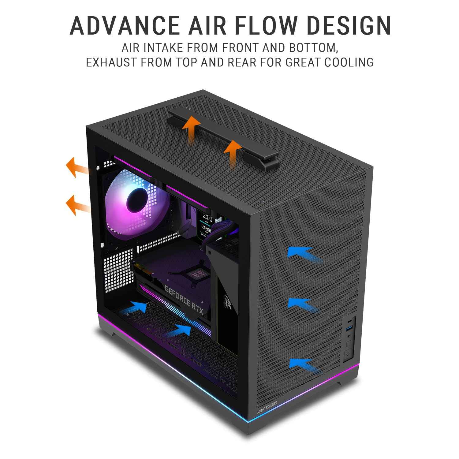 Ant Esports Box C Air V2 Mini-Tower Gaming Cabinet - Black | ARGB Front Strip | Supports Micro-ATX, Mini-ITX Motherboards | Pre-Installed 120mm Rear Fan | High Airflow Mesh Design