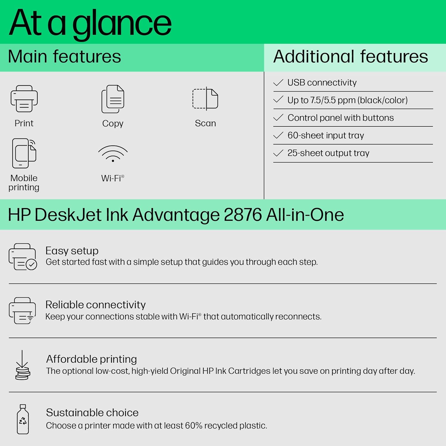 HP Ink Advantage 2876 WiFi Colour Printer - Print/Scan/Copy Ideal for Home, White - Zapnet.in