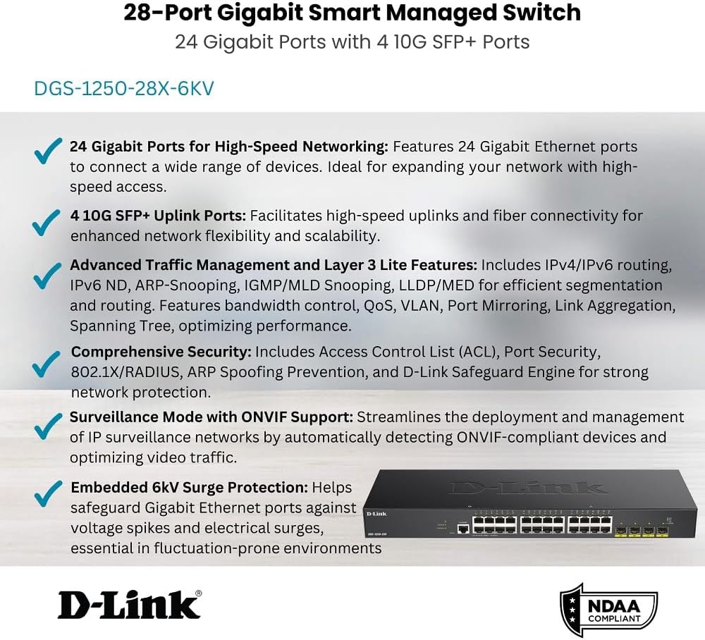 D-Link 52-Port Gigabit Smart Managed Switch | 48 Gigabit Ports + 4 10G SFP+ Ports| L2+/L3 Lite |VLANs |Web Managed |Surveillance Mode | Rackmount | NDAA Compliant (DGS-1250-52X-6KV)