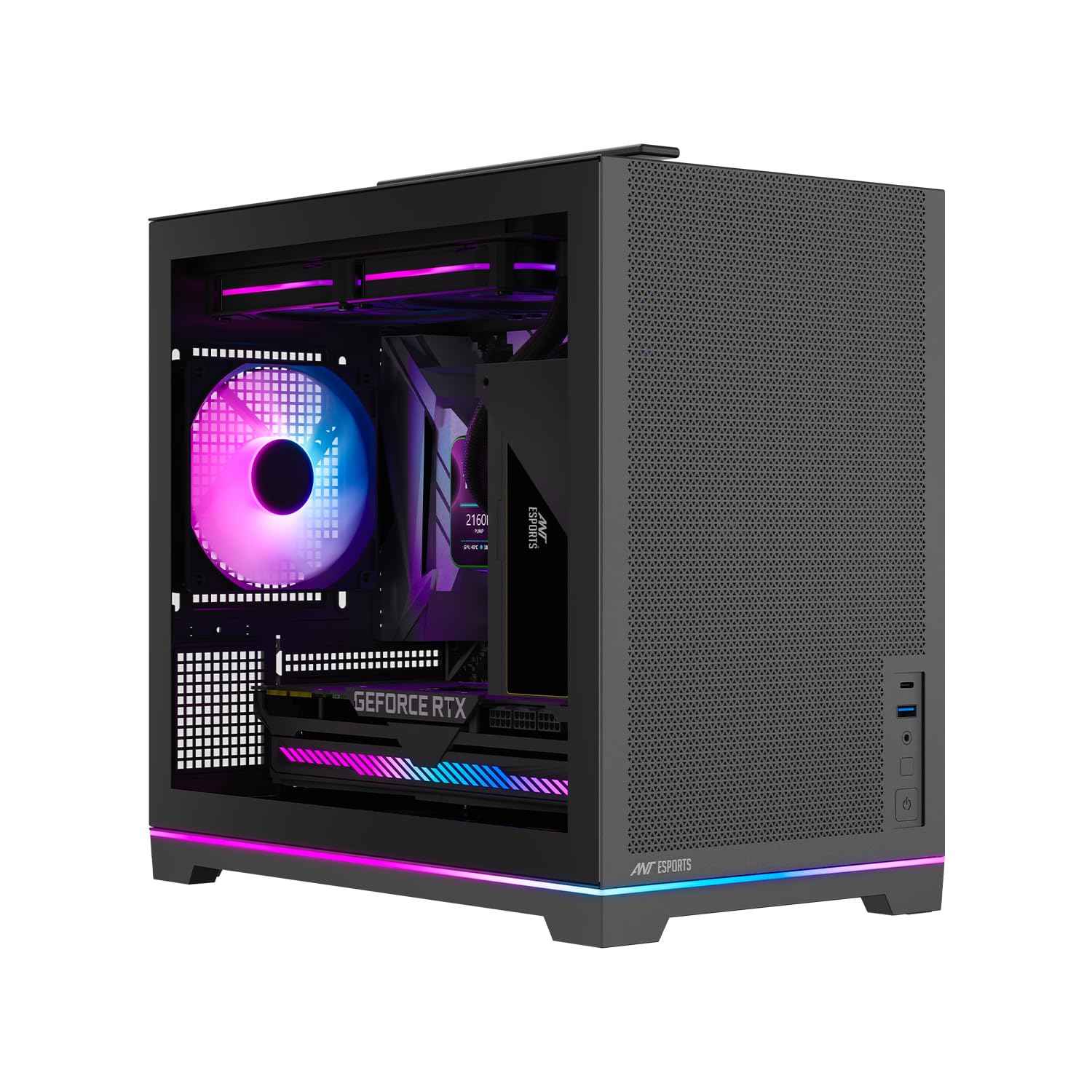 Ant Esports Box C Air V2 Mini-Tower Gaming Cabinet - Black | ARGB Front Strip | Supports Micro-ATX, Mini-ITX Motherboards | Pre-Installed 120mm Rear Fan | High Airflow Mesh Design