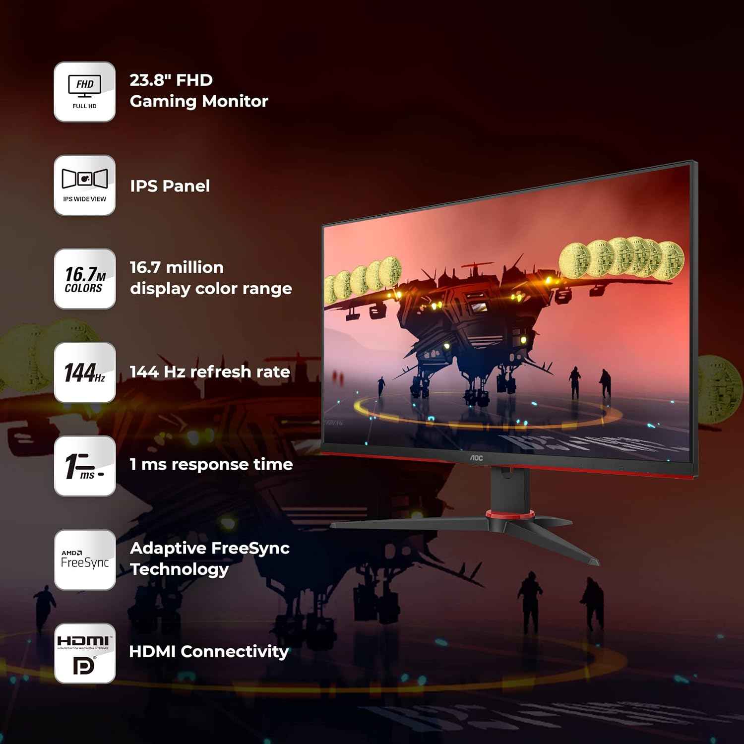AOC 24G2E5 24 Inch (61 Cm) 1920 X 1080 Pixels Fhd IPS Gaming LCD Monitor with 75Hz Refresh Rate, 1 Ms Response Time, Adaptivesync, HDR, Tilt Adjustment, Black