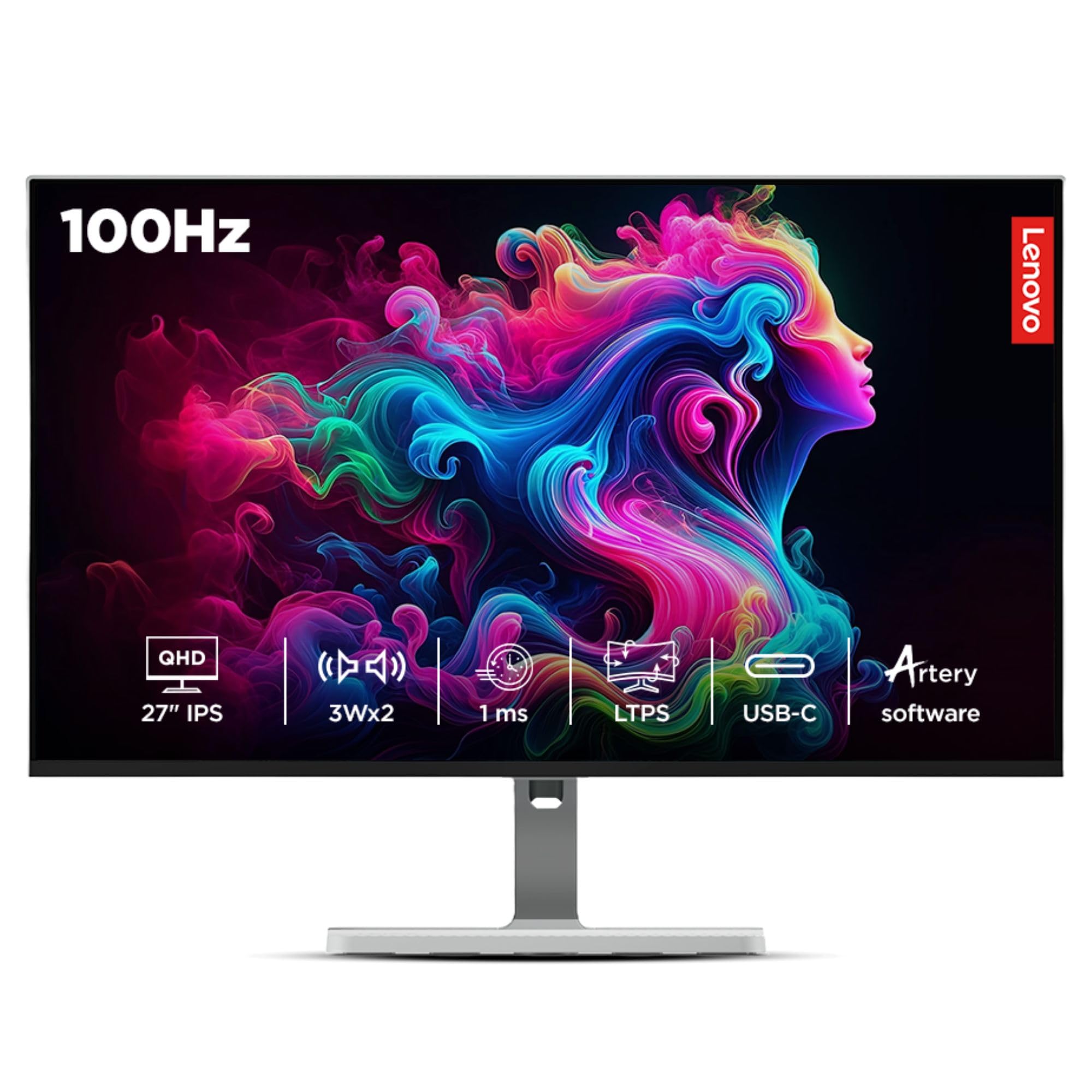 Lenovo L-Series 27 inch (68.5cm) QHD IPS Monitor| 100Hz, 1ms, FreeSync, 99% sRGB, 90% DCI-P3, 3Wx2 Speakers, 2X HDMI 2.1, 1x DP 1.4, Tilt, Swivel, Pivot Height Adjust Stand, Grey, L27q-4A