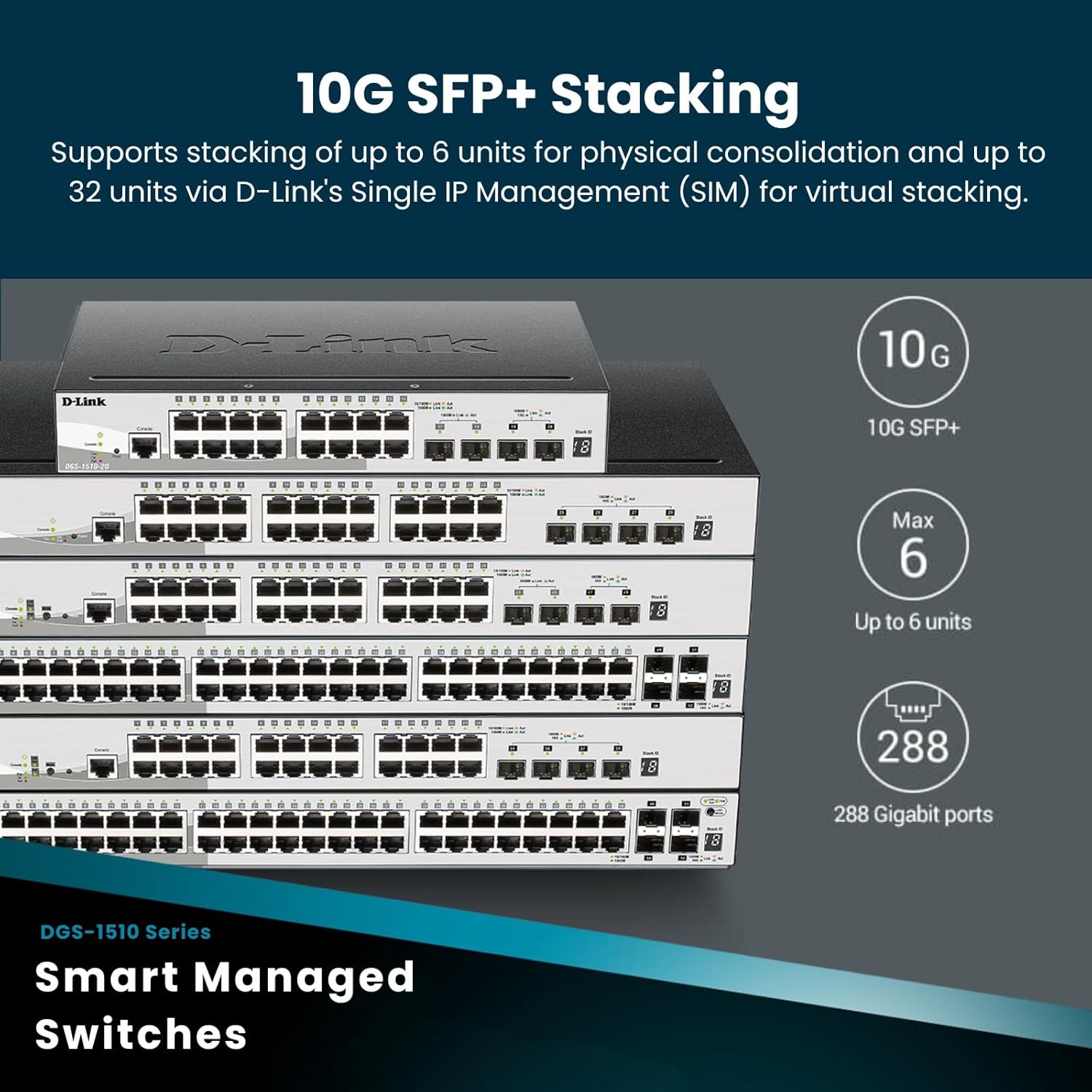 D-Link 52-Port Gigabit Stackable SmartPro Switch Including 4 10GbE SFP+ Ports - 48 Network, 4 Expan