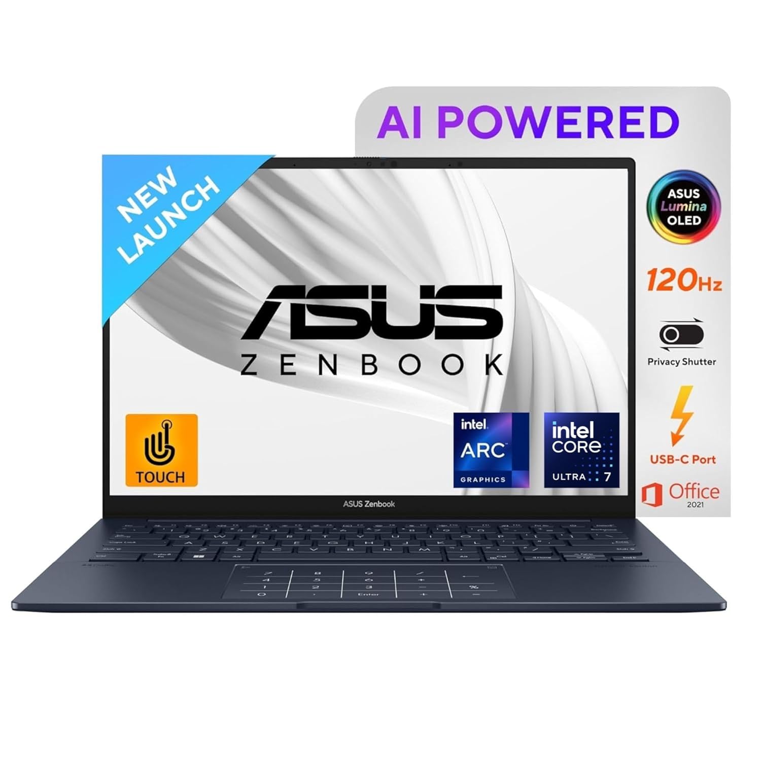 ASUS Zenbook 14, Intel Core Ultra 7 155H, 1.4 GHz, 16GB RAM, 1TB SSD, 3K OLED 16:10 Touch 120Hz, 14", Windows 11, MS Office Home, Ponder Blue, 1.28KG,UX3405MA-PZ752WS,75WHr Battery,AI Powered Laptop