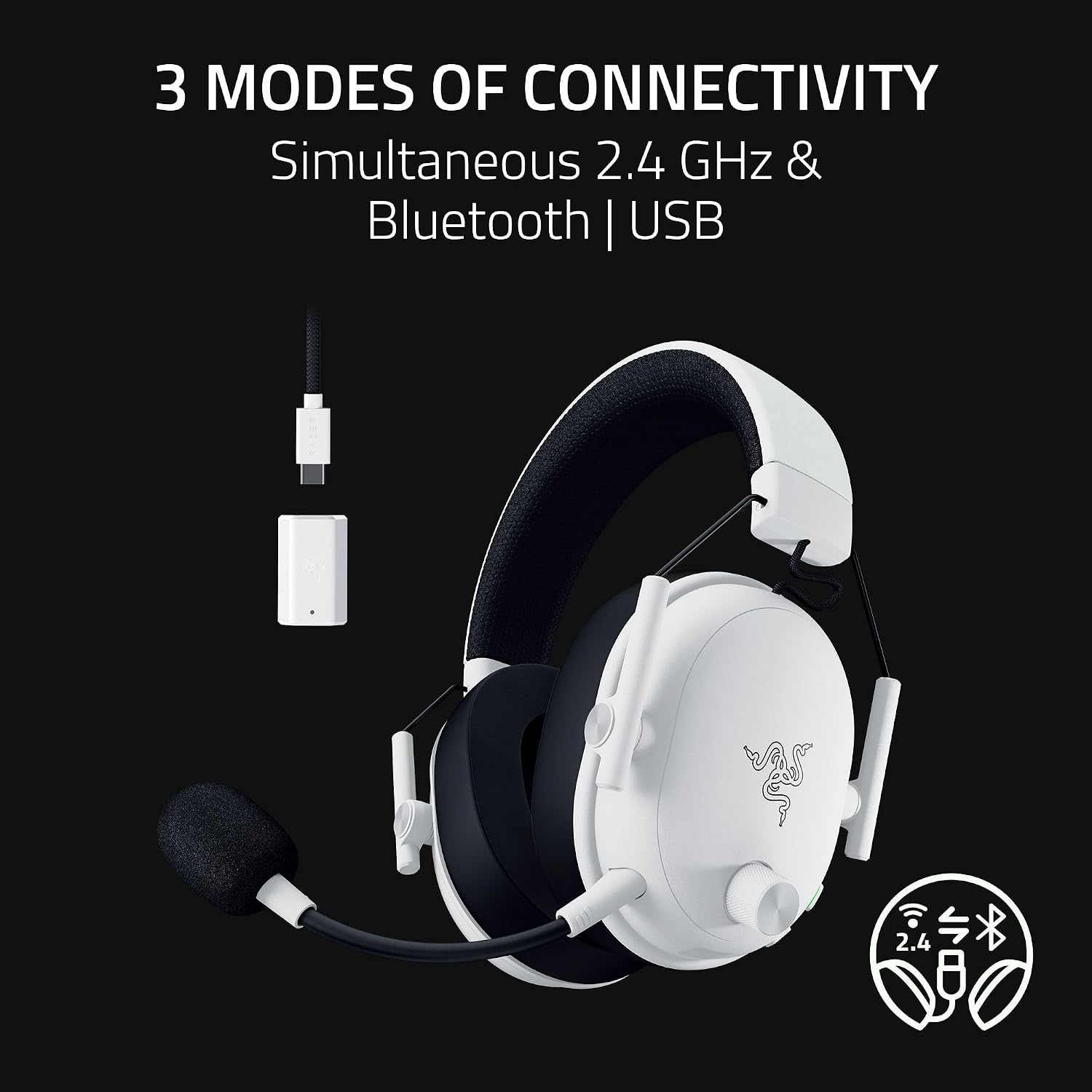 Razer BlackShark V3 Wireless PC Gaming Headset, 50mm Drivers, White | Super Wideband Mic, 2.4 GHz, Bluetooth, USB, Works with Mac, PS5, Nintendo Switch, Smartphone, 70 Hr Battery