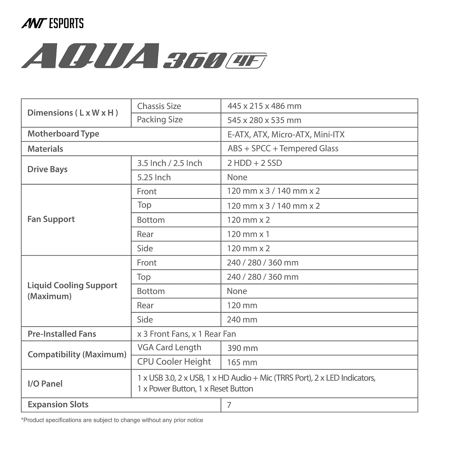 Ant Esports Aqua 360 4F Mid-Tower Computer Case/Gaming Cabinet - Black | Pre-Installed 4 ARGB Fans