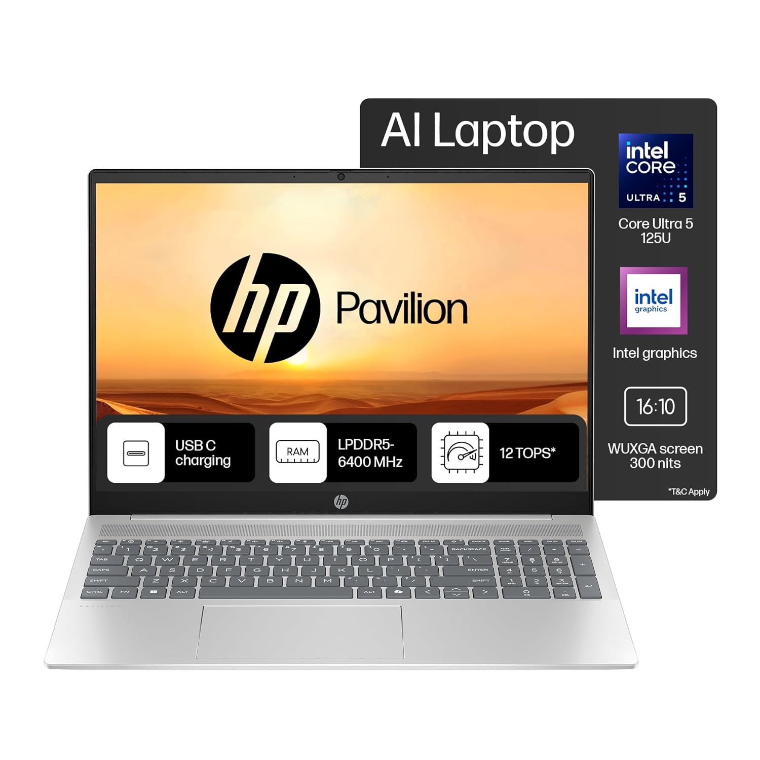 HP Pavilion AI Laptop, Intel Core Ultra 5 125U, 10-12 TOPS, 16GB DDR5, 512GB SSD, IPS, Anti-glare, 2K, WUXGA, 16inch (40cm), Intel graphics, 1080p FHD camera (Win11, Office21, Silver, 1.77kg) af0015TU