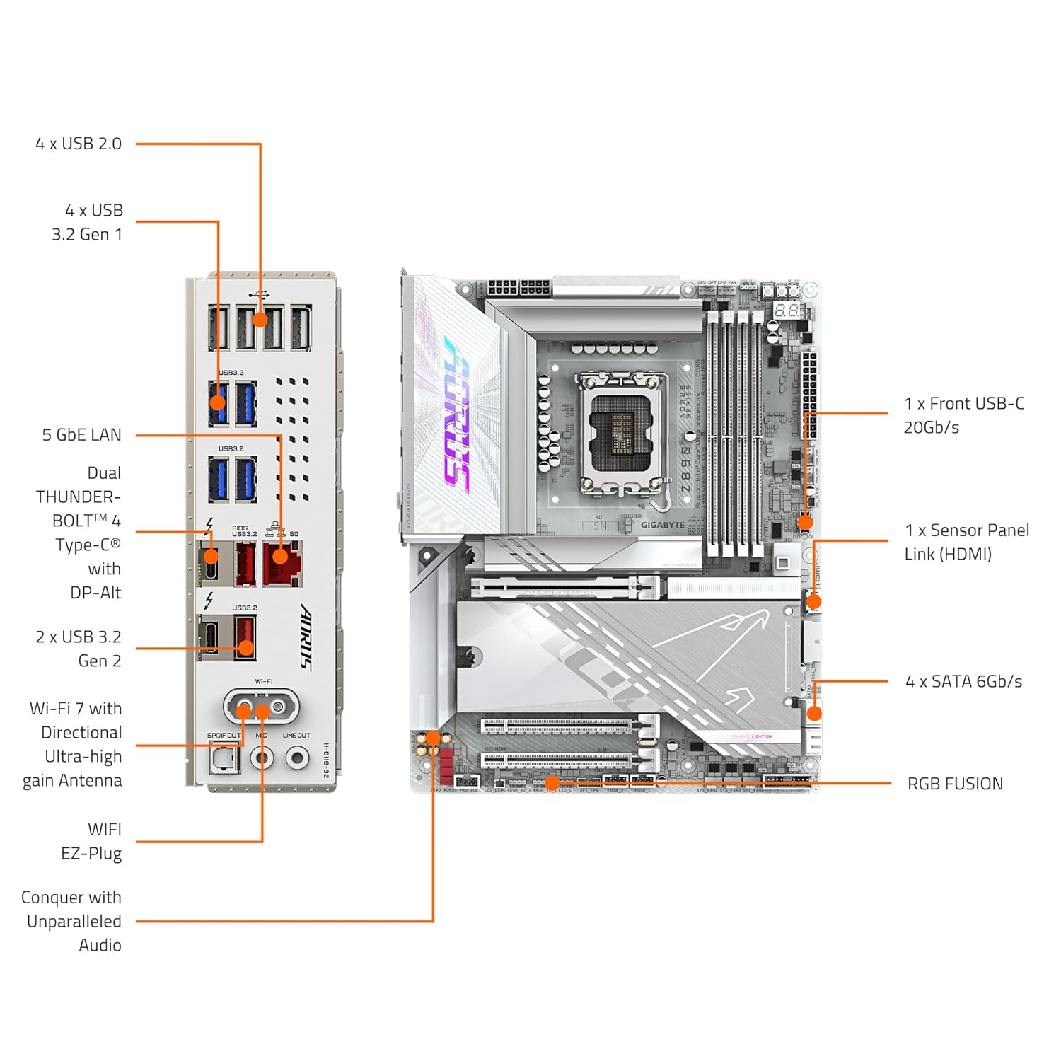 GIGABYTE Z890 AORUS PRO ICE Intel Core Ultra (Series 2) LGA 1851 Motherboard, ATX, DDR5, 5X M.2, PCIe 5.0, Thunderbolt 4, WIFI7, 5GbE LAN, EZ-Latch