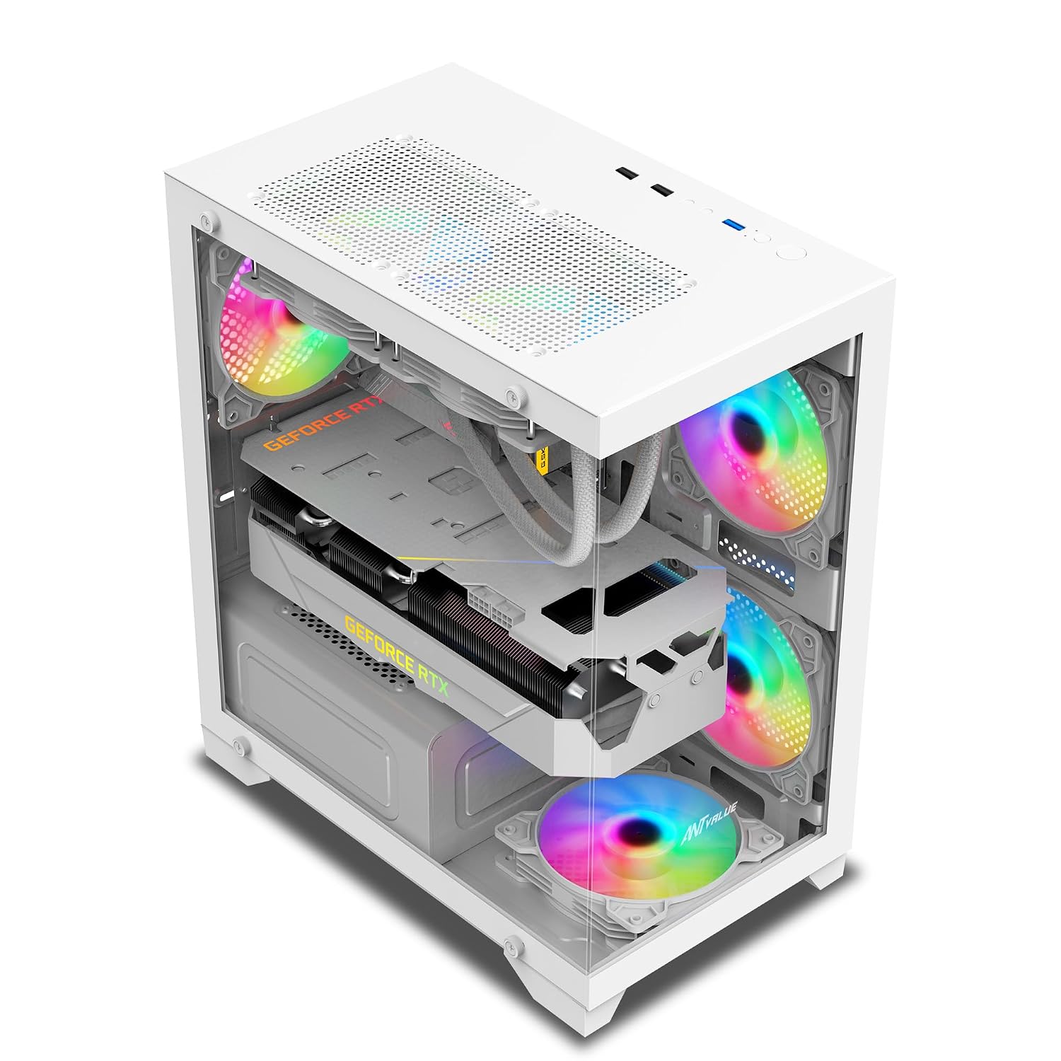 Ant Value Tempered_Glass CV200 Mid-Tower Computer Case/Gaming Cabinet - White | Support M-ATX, M-ITX | Pre-Installed 3 Static RGB Fans