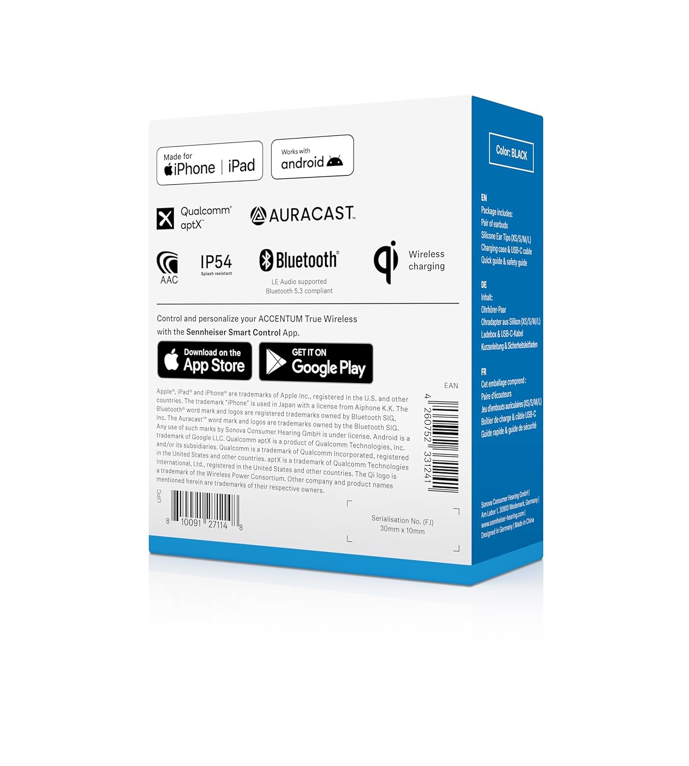 Sennheiser ACCENTUM True Wireless Earbuds, BT v5.3 Auracast & LE Audio, TrueResponse Drivers, Hybrid ANC + Transparency Mode, 28 Hr Battery, Qi & USB‑C Charging, Touch Control, 2Y Warranty, Black