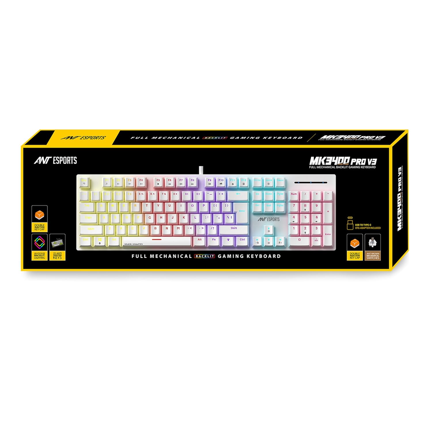 Ant Esports MK3400 Pro V3 Mechanical RGB Gaming Keyboard, 104 Keys-Brown Switch, Multicolour Backlit, Anti-Ghosting, USB Wired, Media Keys, 12 LED Modes, for PC, Mac, Windows, Linux – White