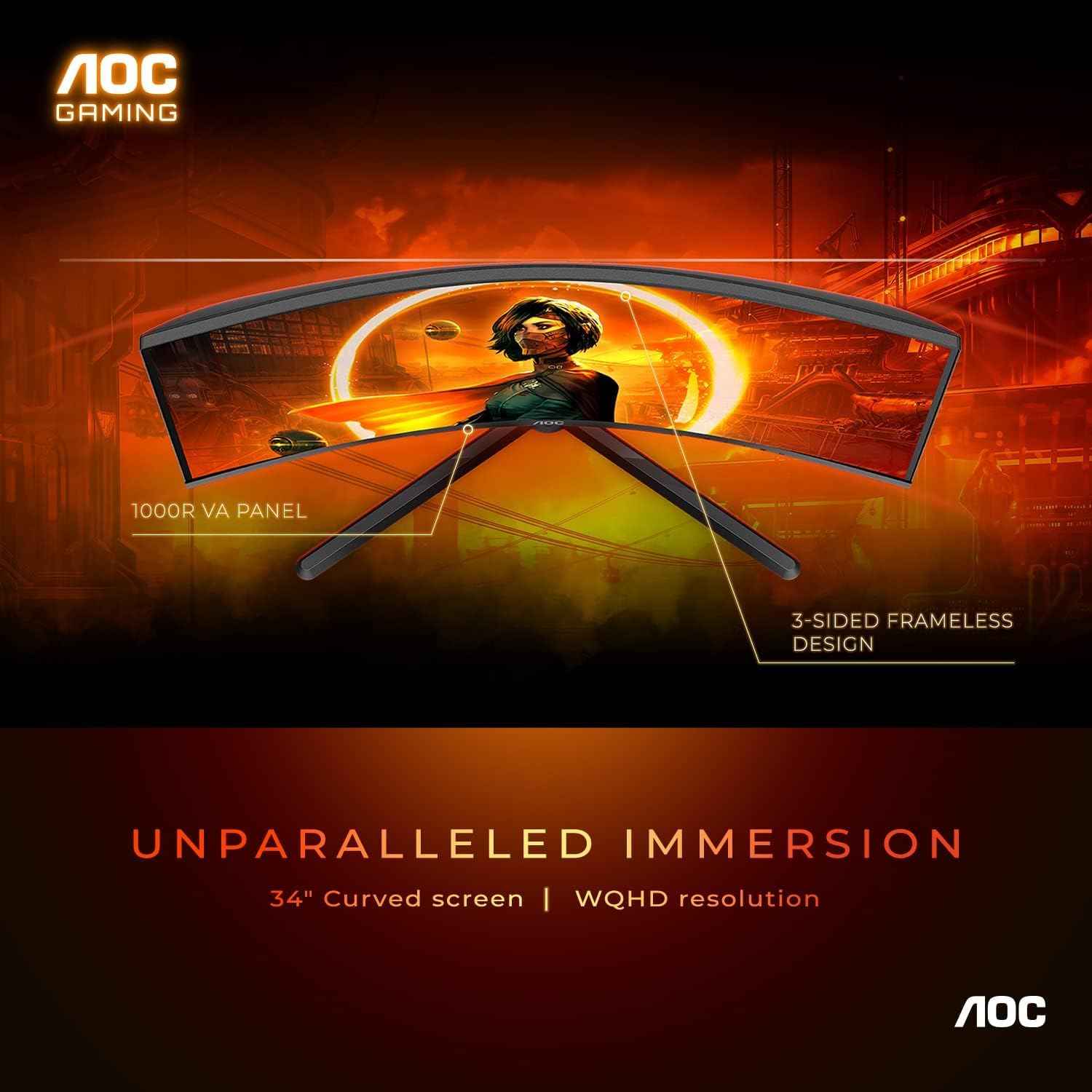 AOC CU34G3S/BK 34'' Gaming Monitor 3440x1440 WQHD, 1000R Curve, 165Hz, 1.0ms MPRT, FreeSync Premium, Adjustable Stand, 3-Sided Frameless, Low Blue Mode, Built-in Speakers, USB, Multiview (PIP,PBP)