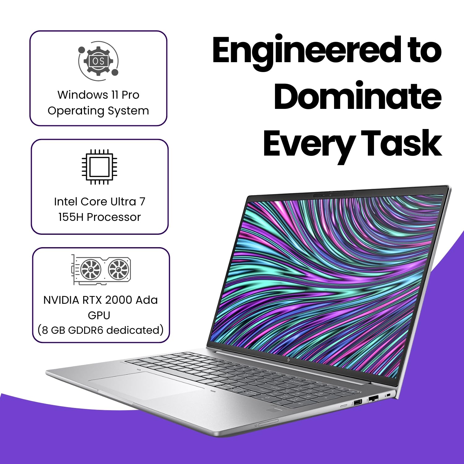 HP Laptop Ultra 7-155H, 32GB RAM, 1TB SSD, RTX 2000 Ada 8GB, Win 11 Pro, 16" WUXGA, 5MP+IR Cam, Fingerprint Sensor, Backlit Keyboard, Wi-Fi 6E, BT 5.3, 3-Year Warranty (A8WM9PT)