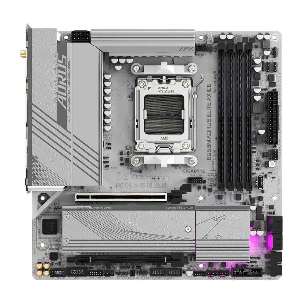 GIGABYTE B650M Aorus Elite AX ICE Micro-ATX Motherboard – AM5 Socket, Ryzen 7000/8000/9000 Support, DDR5, PCIe 5.0 M.2, Wi-Fi 6E, 2.5GbE LAN, USB-C, Smart Fan 6, Q-Flash Plus