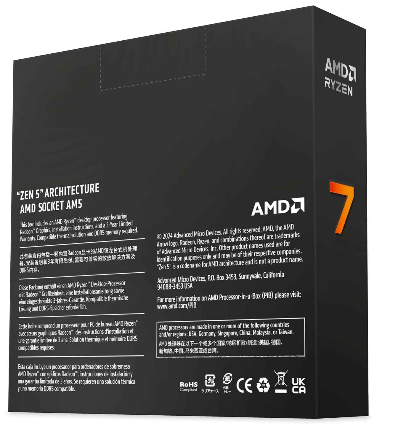 AMD Ryzen 7 9700X Desktop Processor with Integrated Radeon Graphics, 8 cores 16 Threads 32 MB Cache Base Clock 3.8 GHz Up to 5.5 GHz AM5 Socket System Memory DDR5,65W TDP - 100-100001404WOF