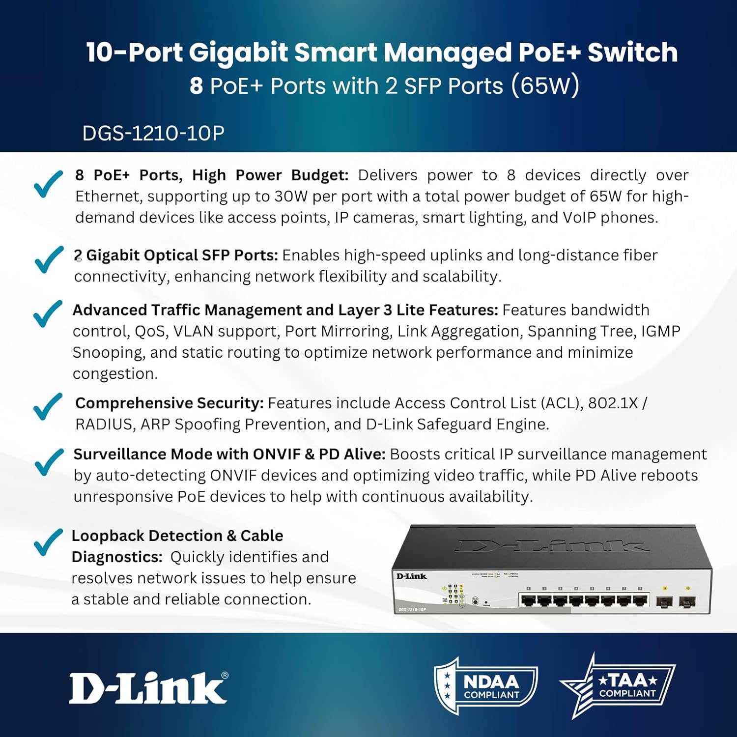 D-LINK DGS-1210-10P 8-Port 10/100/1000M PoE with 2 Combo SFP ports Web Smart Switch