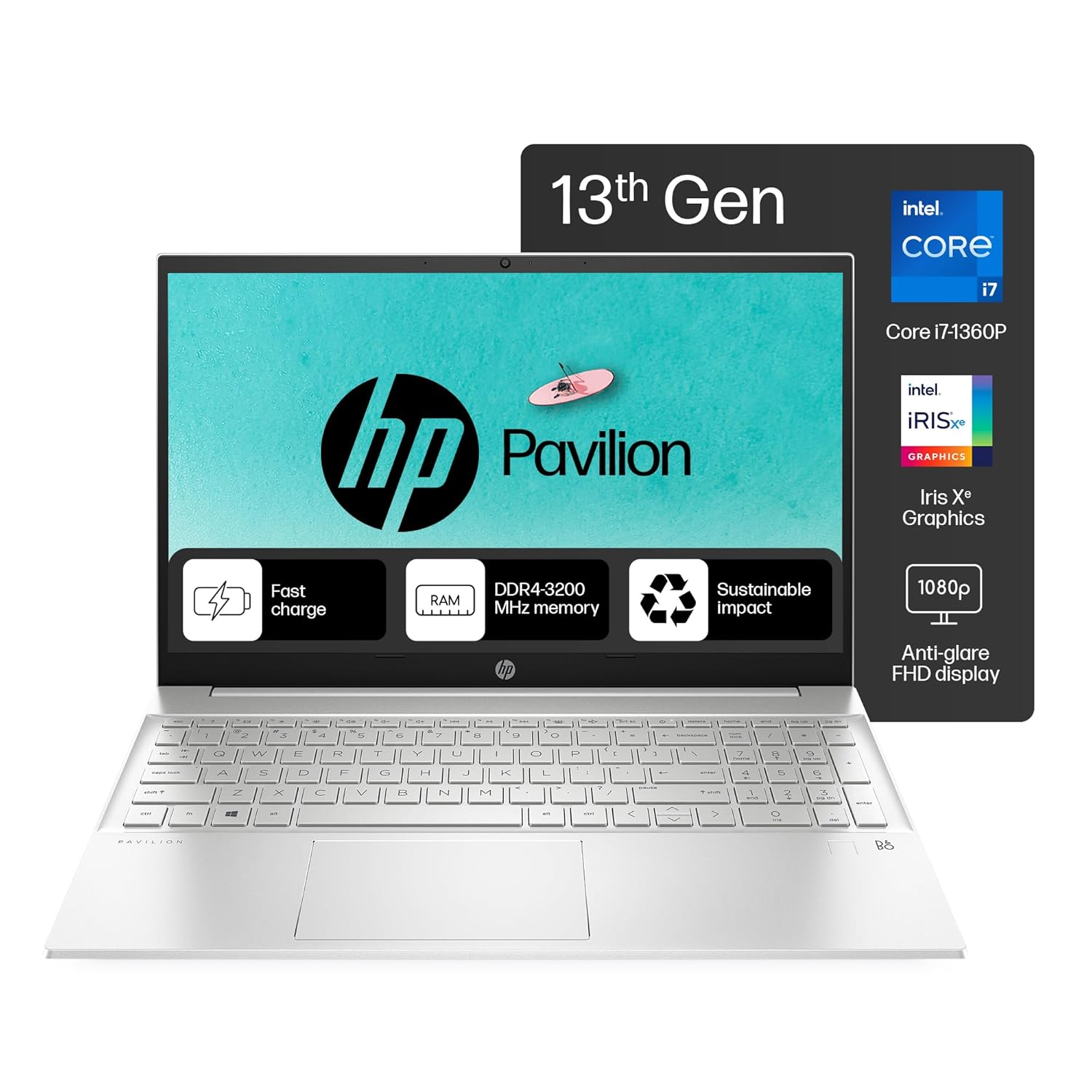 HP Pavilion 15, 13th Gen Intel Core i7-1360P, 16GB DDR4, 512GB SSD, (Win 11, Office 21, Silver, 1.75kg),IPS, Anti-glare, 15.6-inch (39.6cm) FHD Laptop, Intel Iris Xe graphics, HD camera, B&O, eg3032TU