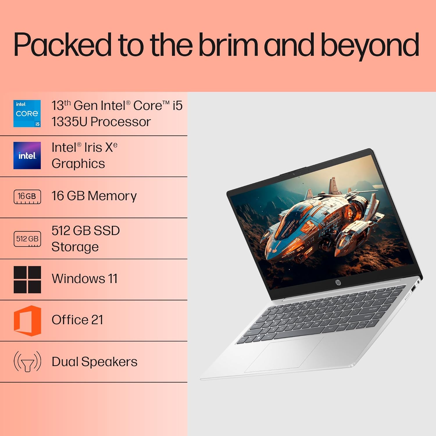 HP 14, 13th Gen Intel Core i5-1335U, 16GB DDR4, 512GB SSD, (Win 11, Office 21, Silver, 1.4kg), Anti-Glare, IPS, 14-inch(35.6cm) FHD Laptop, Intel Iris Xe Graphics, FHD Camera, Backlit KB, gr0001TU