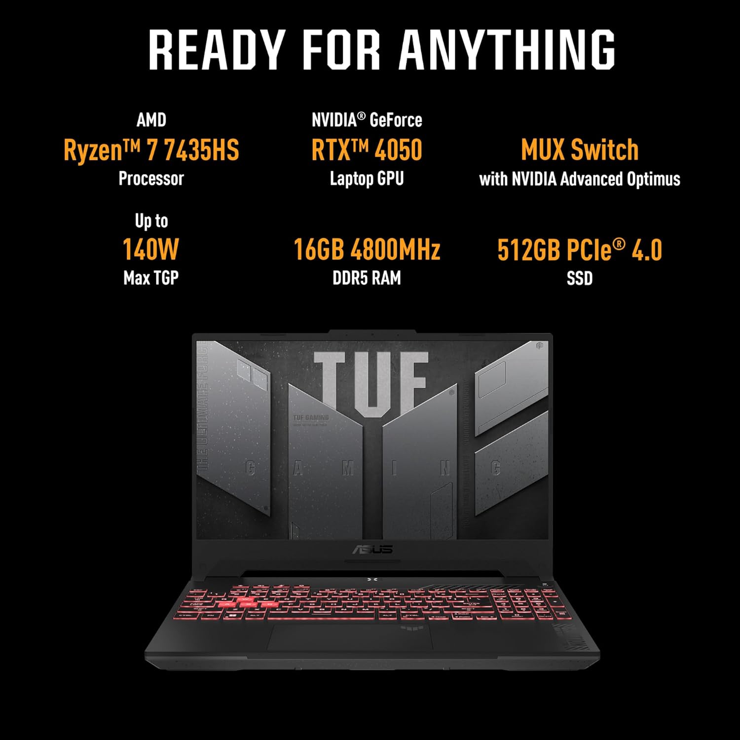 ASUS TUF Gaming A15, AMD Ryzen 7 7435HS, 15.6-inch FHD 144Hz, Gaming Laptop (16GB/512GB SSD/NVIDIA GeForce RTX 4050/Windows 11/90WHr/Mecha Gray/2.2 Kg), FA507NUR-LP082W