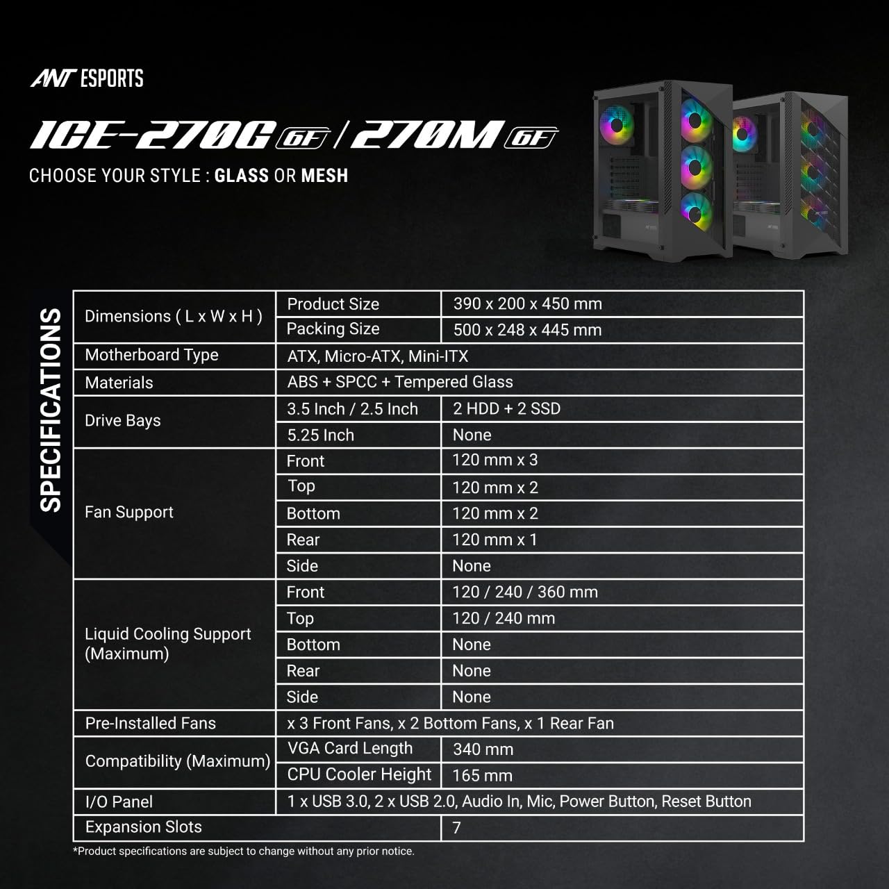 Ant Esports ICE- 270M 6F Mid-Tower Computer Case/Gaming Cabinet with Front Mesh Panel- Black | Support ATX, Micro-ATX, Mini-ITX | Pre-Installed 6 Static RGB Fans
