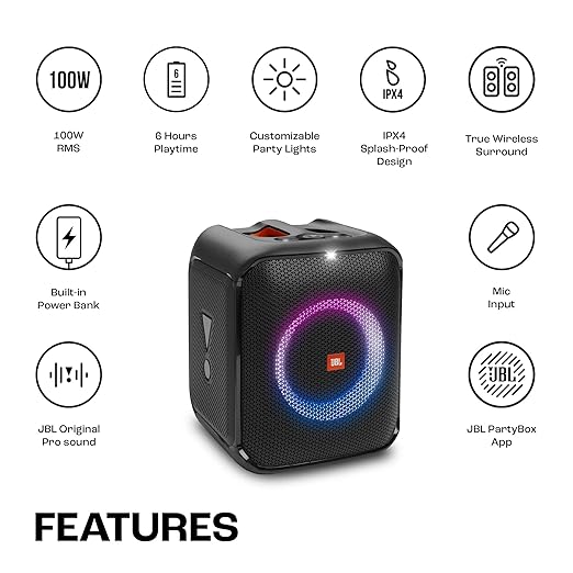 JBL Partybox Encore Essential | Portable Bluetooth Party Speaker | 100W Monstrous Pro Sound | Dynamic Light Show | Upto 6Hrs Playtime | Built-in Powerbank | Mic Support PartyBox App (Black) - Zapnet.in