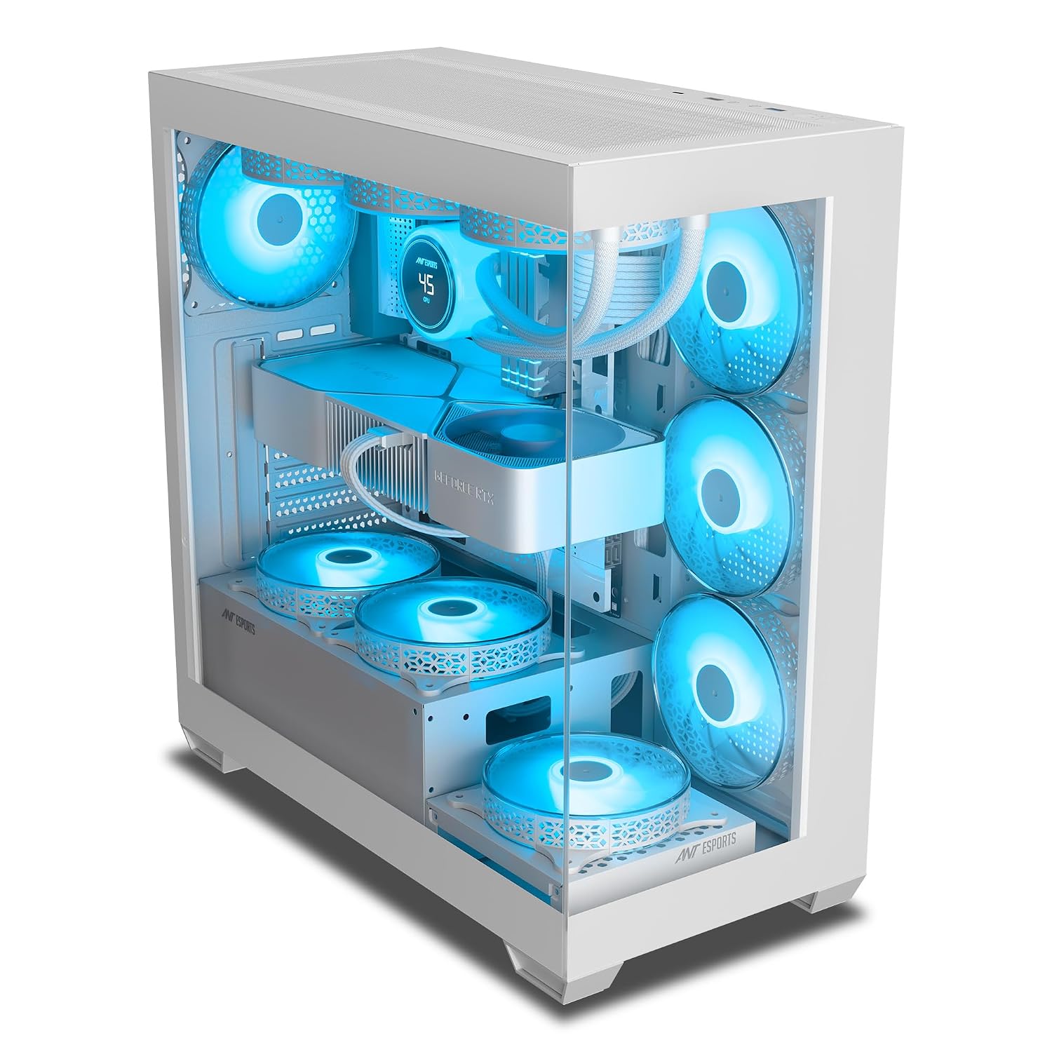 Ant Esports Crystal X7 ATX Computer Case/Gaming Cabinet with Type-C - White | Support ATX, Micro-ATX, Mini-ITX | Pre-Installed 3 M/B Plate Fans, 2 PSU Shroud Fans, 1 Bottom & 1 Rear Fan