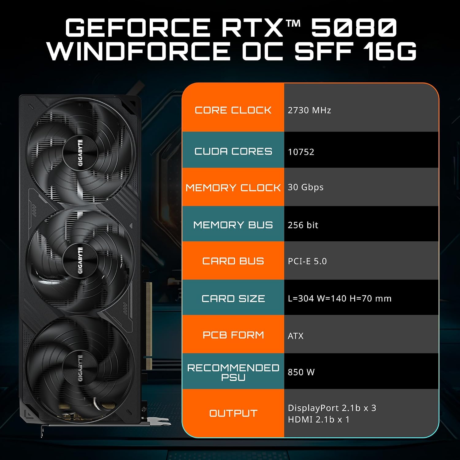 GIGABYTE Geforce RTX 5080 WINDFORCE OC SFF 16G Graphics Card, WINDFORCE Cooling System pci_e_x16, 16GB 256-Bit GDDR7, GV-N5080WF3OC-16GD Video Card