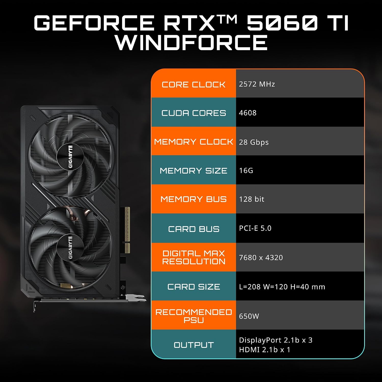 GIGABYTE GeForce RTX 5060 Ti WINDFORCE 16G Graphics Card, 16GB 128-bit GDDR7, PCIe 5.0, WINDFORCE Cooling System, GV-N506TWF2-16GD Video Card