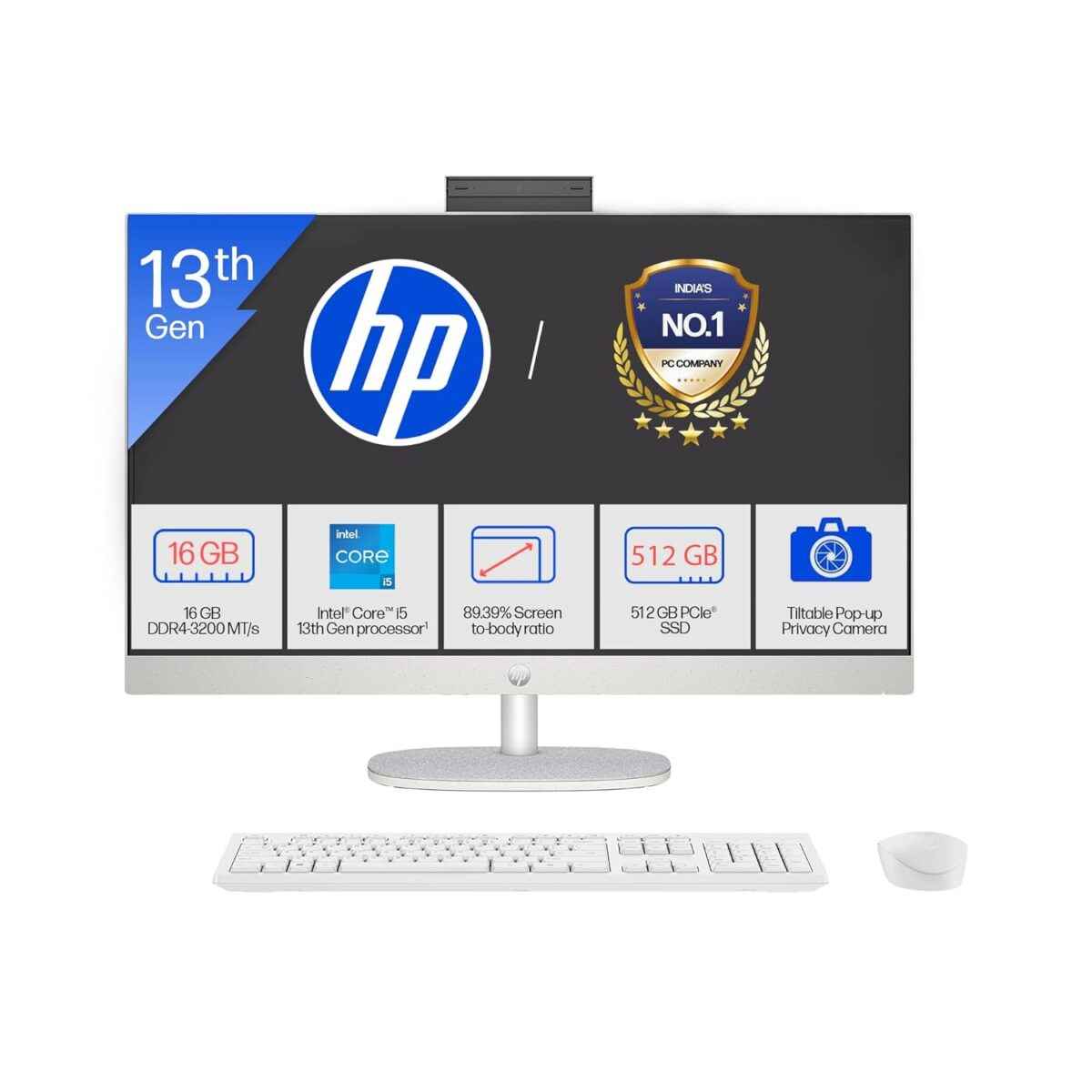 HP AIO 27" (Intel Core i5-1334U (13th Gen), 8GB DDR4 RAM, 512GB SSD, 27" Antiglare IPS FHD, Shell White)