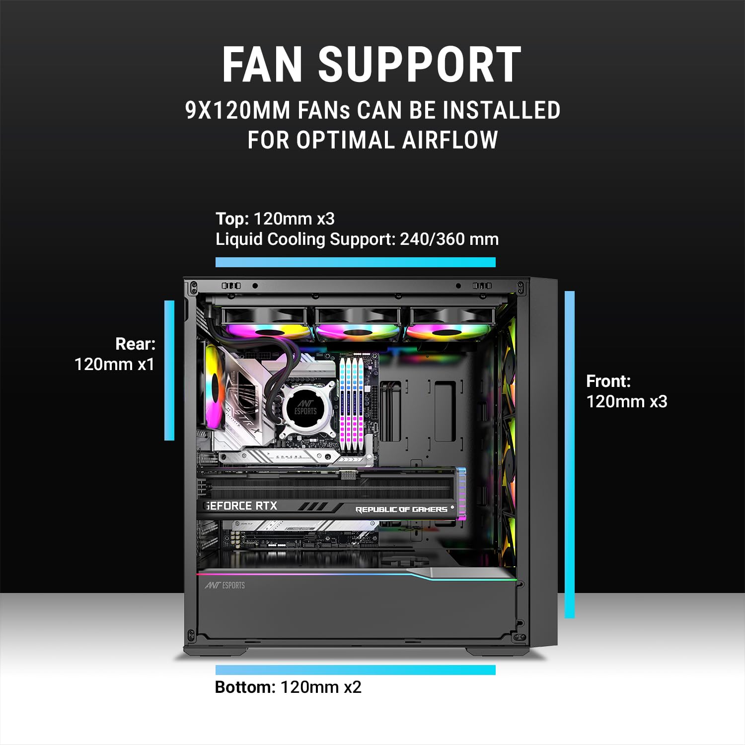 Ant Esports Titan Core 360 Mid-Tower Computer Case/Gaming Cabinet - Black | Support E-ATX, ATX, Micro-ATX, Mini-ITX | Pre-Installed 4 ARGB Fans