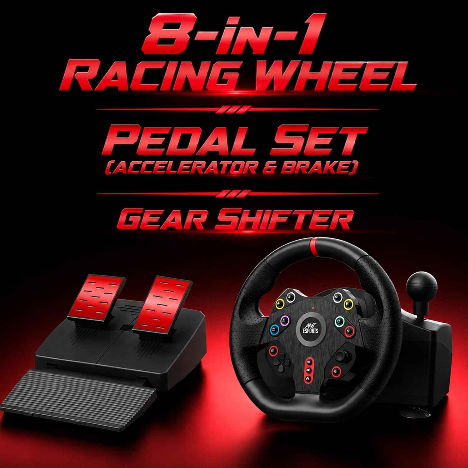 Ant Esports GWGT5 Racing Steering Wheel with Pedals,Gear Shifter &PS5 Adapter for PS5,PS4,Xbox One,Xbox Series X|S,PC & Nintendo Switch| 270 Degree Rotation,Dual Vibration Motor,6 Suction Cup Mounts.