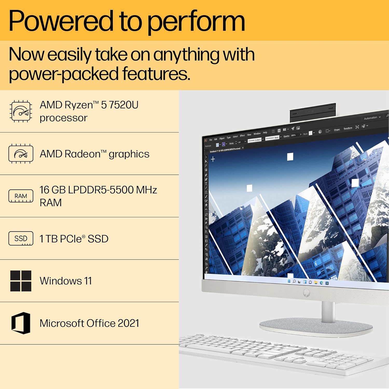 HP All-in-One PC Ryzen 5 7520U 27-inch(68.6cm) FHD IPS Display, 16GB LPDDR5, 1TB SSD, AMD Radeon Graphics, Wireless Keyboard and mouse combo, FHD Camera, (Win 11, MSO, Shell White, 6.72Kg) 27-cr0445in - Zapnet.in