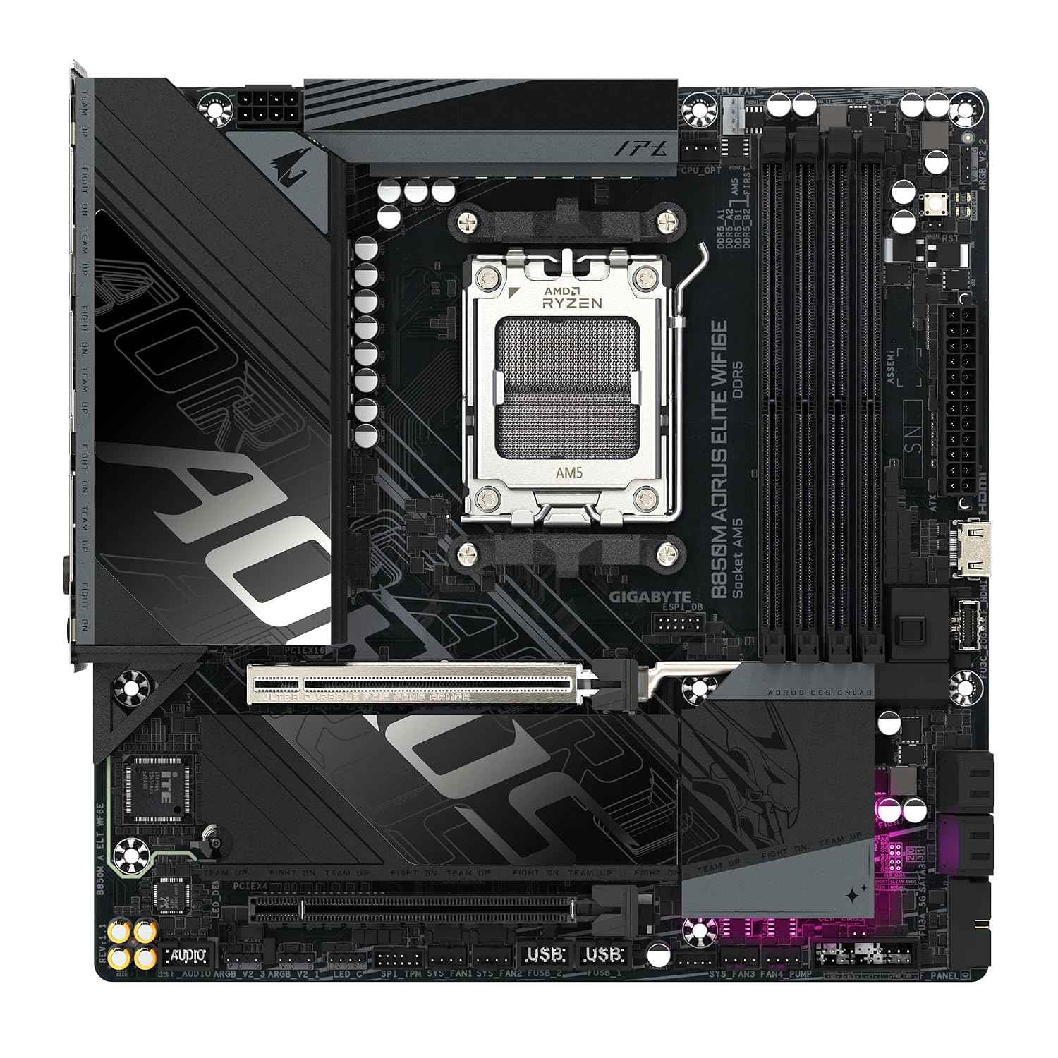 GIGABYTE B850M AORUS Elite WIFI6E Motherboard - AMD Ryzen 9000 Series CPUs, 12+2+2 Phases Digital VRM, up to 8200MHz DDR5 (OC), 1xPCIe 5.0 + 1xPCIe 4.0 M.2, WiFi 6E, 2.5GbE LAN, USB 3.2 Gen 2