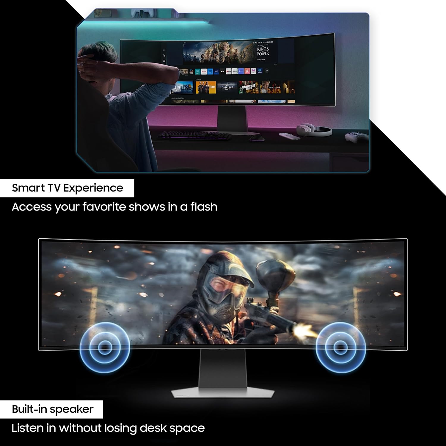 Samsung 49-inch (124.4cm) Odyssey OLED G9 Dual QHD, 5120 x 1440, 240Hz, 0.03ms Curved Gaming Monitor, USB Hub, HAS, Neo Quantum Processor, Smart TV, AMD FreeSync Premium Pro (LS49CG950SWXXL,Black)