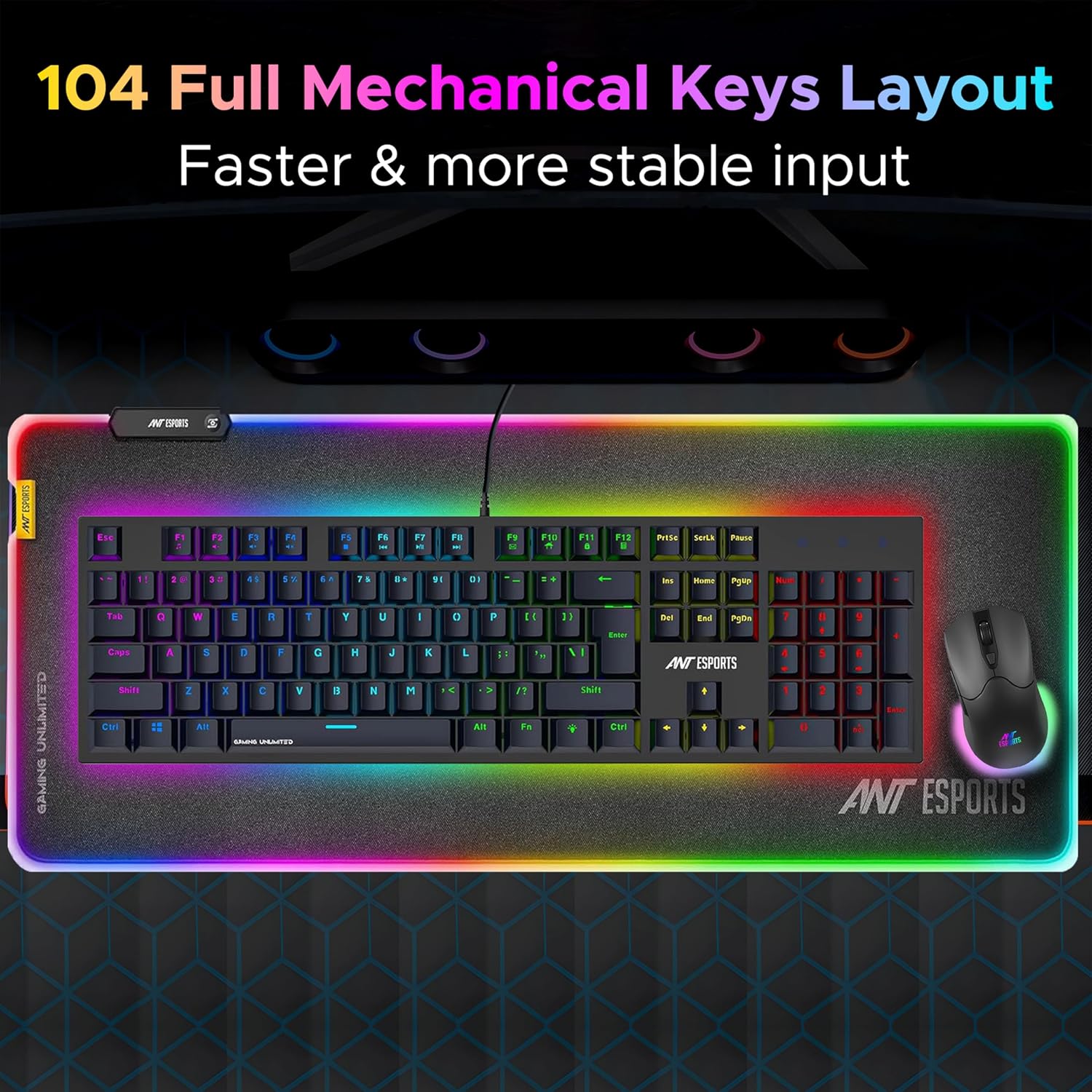 Ant Esports MK3400 V3 Pro Mechanical Gaming Keyboard RGB LED 104 Keys Blue Switch Anti Ghosting Full Size Wired USB PC Keyboard Removable Double Shot Keycaps Ergonomic for PC, Laptop and Mac (Black)