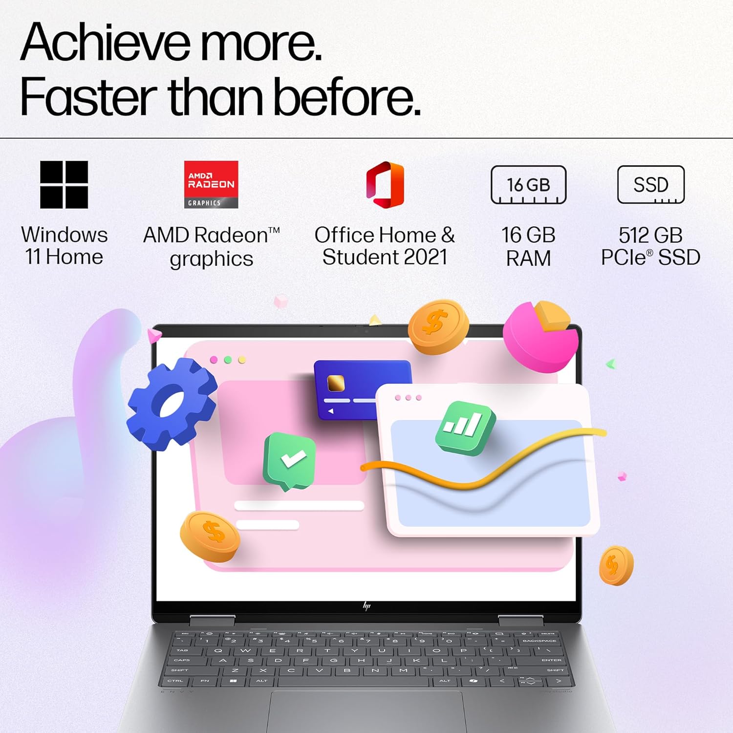 HP Envy x360, Enhanced by AI, AMD Ryzen 5 8640HS, 14-inch (35.6 cm), WUXGA, 16GB LPDDR5, 512GB SSD, AMD Radeon Graphics, 5MP IR Camera, Poly Studio (Win 11, MSO 2021, Silver, 1.44 kg), fa0038AU